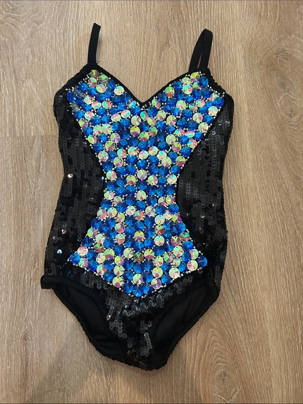 Glamour Black Dance Costume with Blue and silver rhinestones